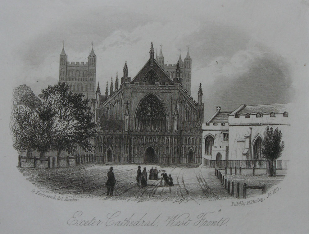 DEVON Entrance of Exeter Cathedral 1829 old antique vintage print picture 