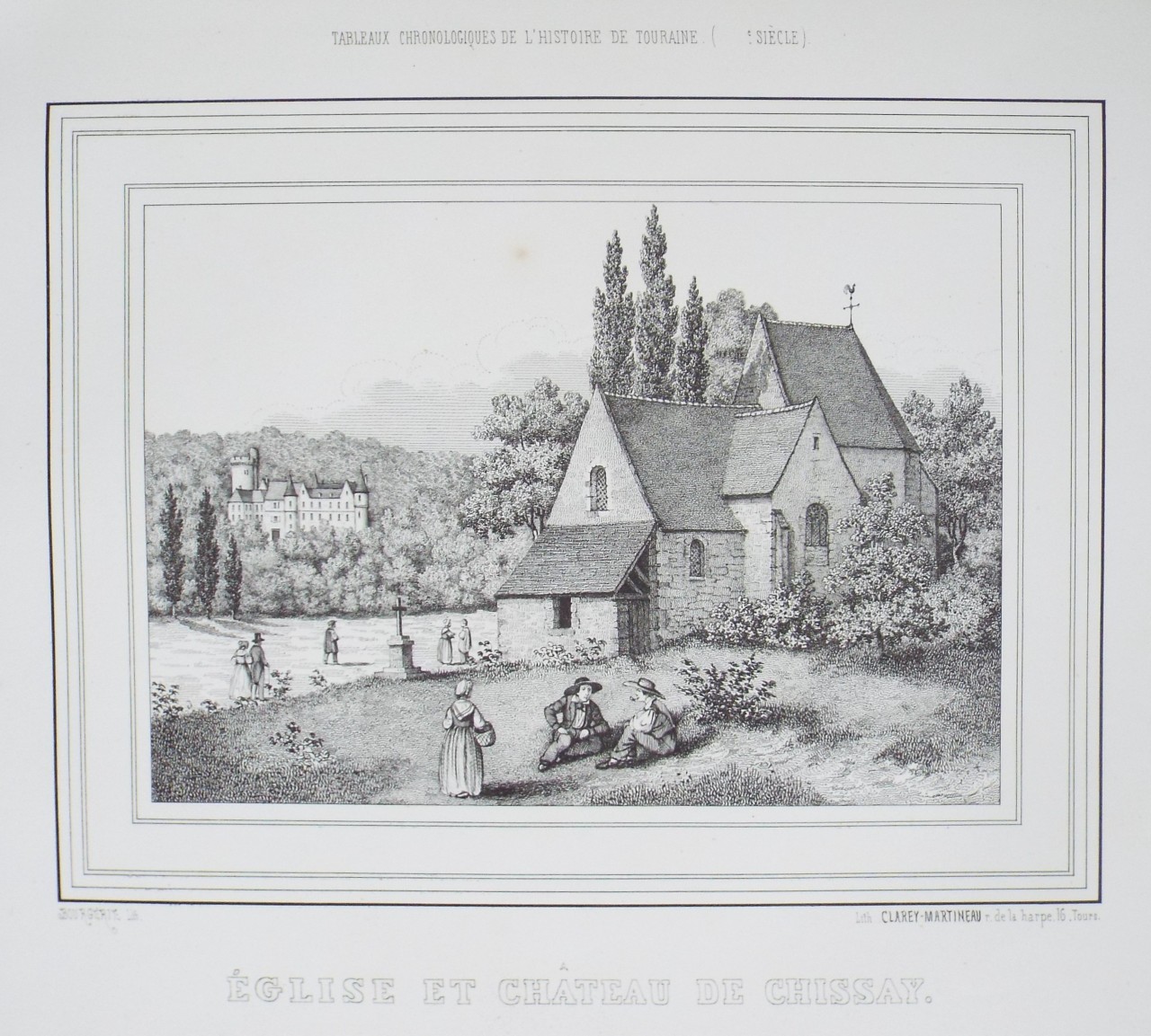 Lithograph - Eglise et Chateau de Chissay.