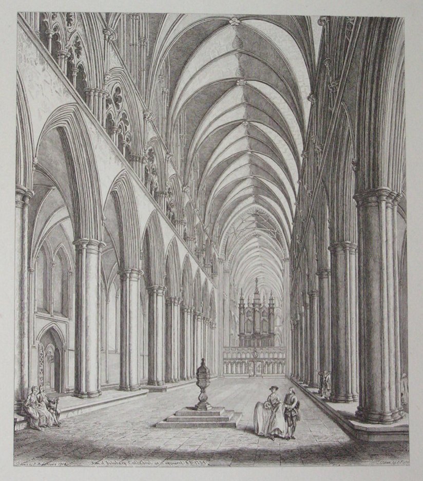 Etching - Nave of Salisbury Catherdral as it appeared A.D. 1754 - Fisher