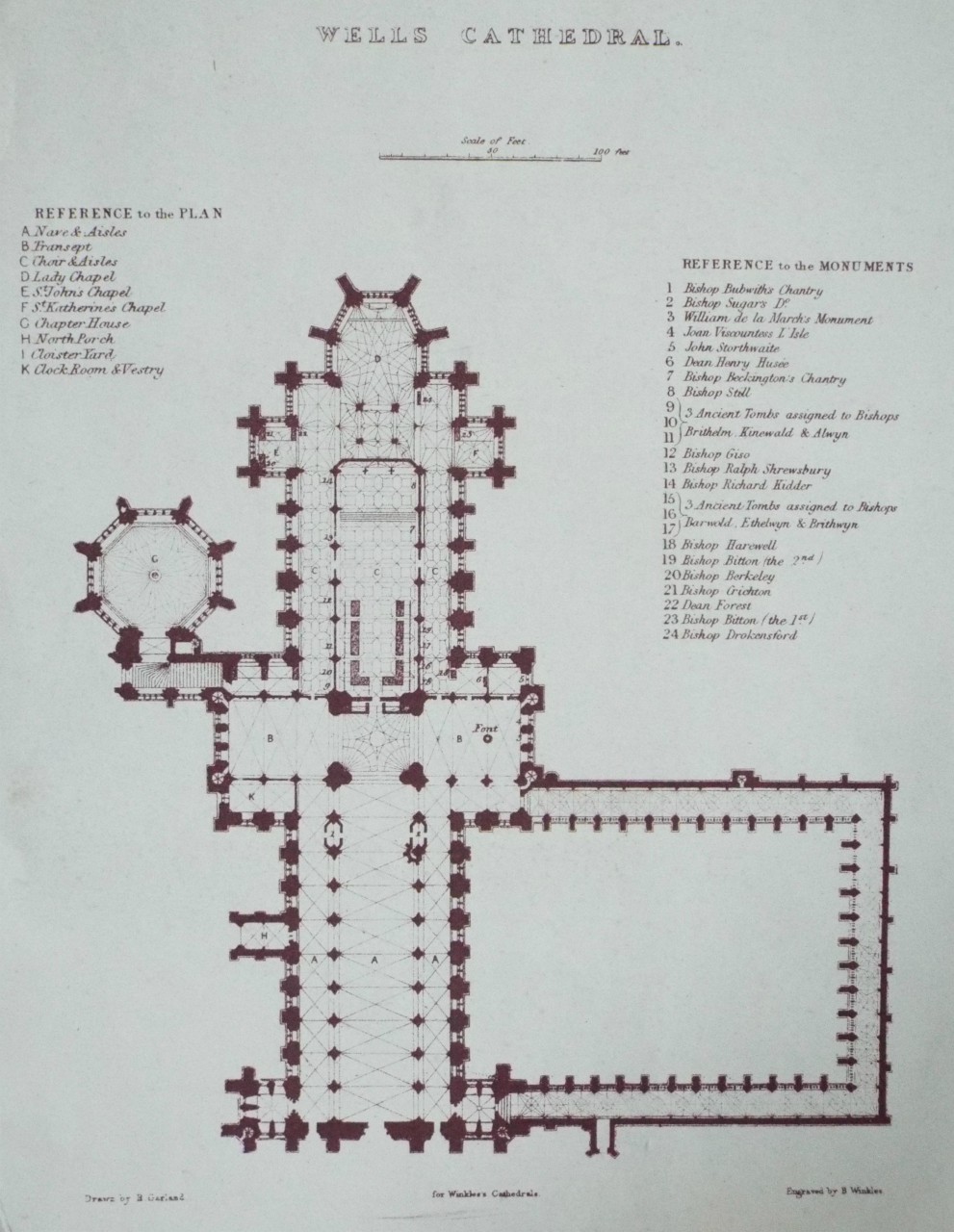 Antique Print Wells Cathedral. (Plan)