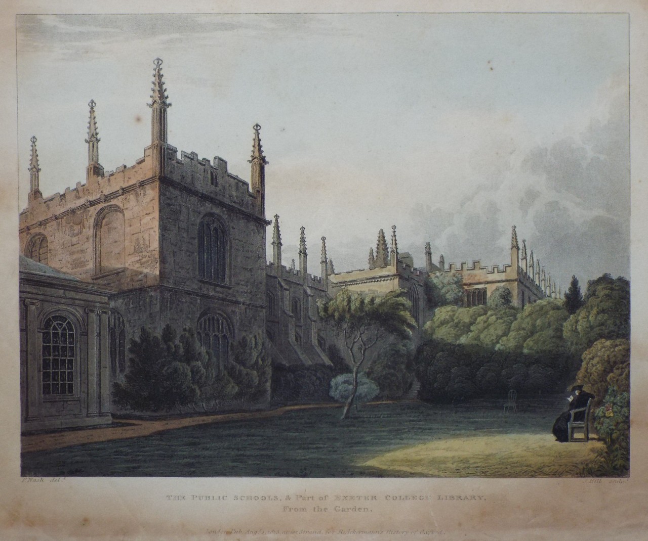 Aquatint - The Public Schools, & Part of Exeter College Library, From the Garden. - Hill