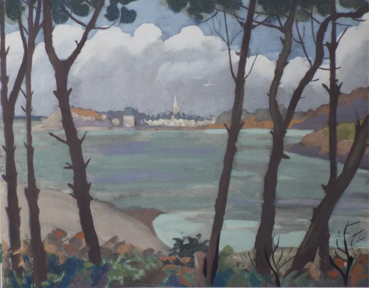 Pochoir Gouache - L'Estuare vu de la Pointe de Cancaval