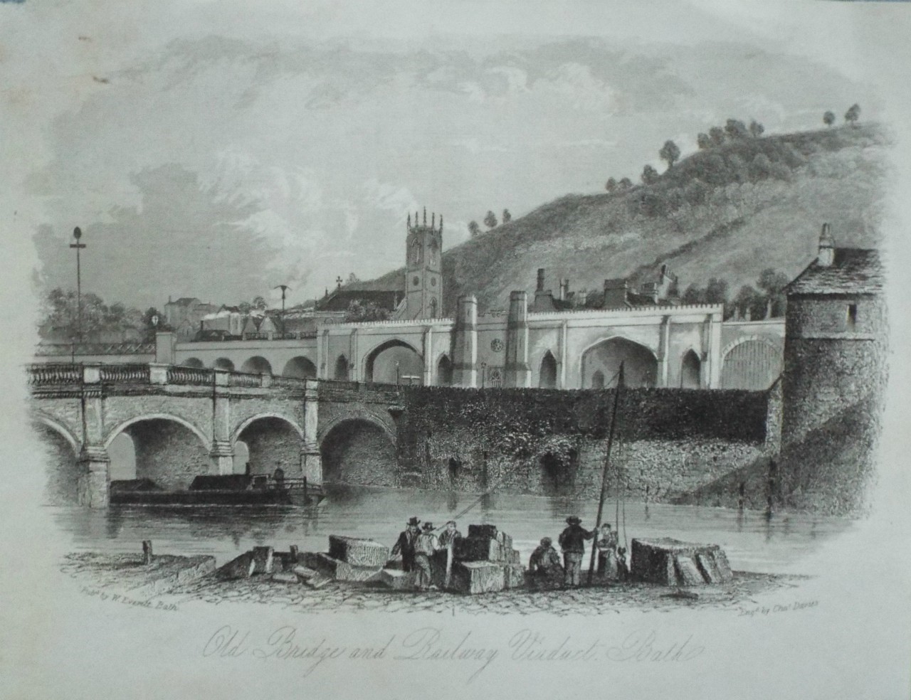 Steel Vignette - Old Bridge and Railway Viaduct, Bath. - Davies