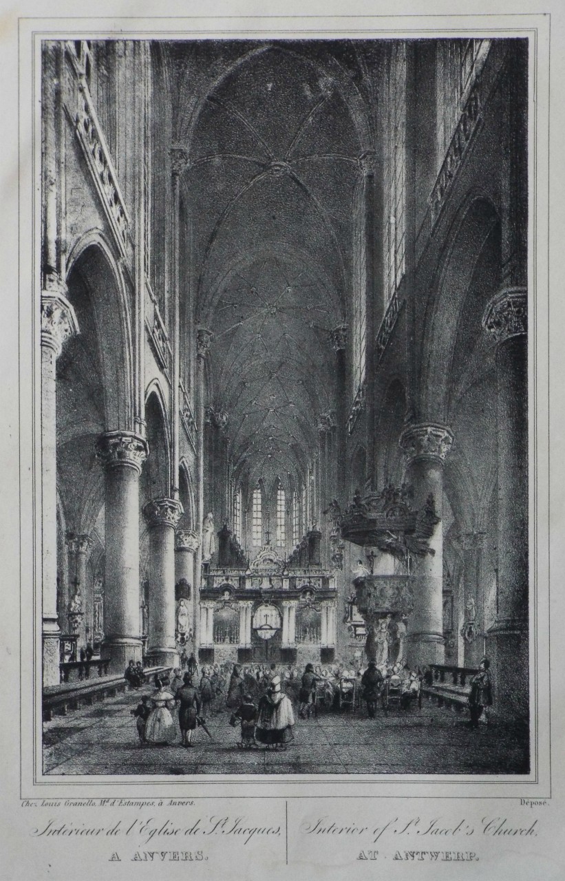Lithograph - L'Interieure de l'Eglise de St. Jacques, a Anvers. Interior of St. Jacob's Church, at Antwerp.