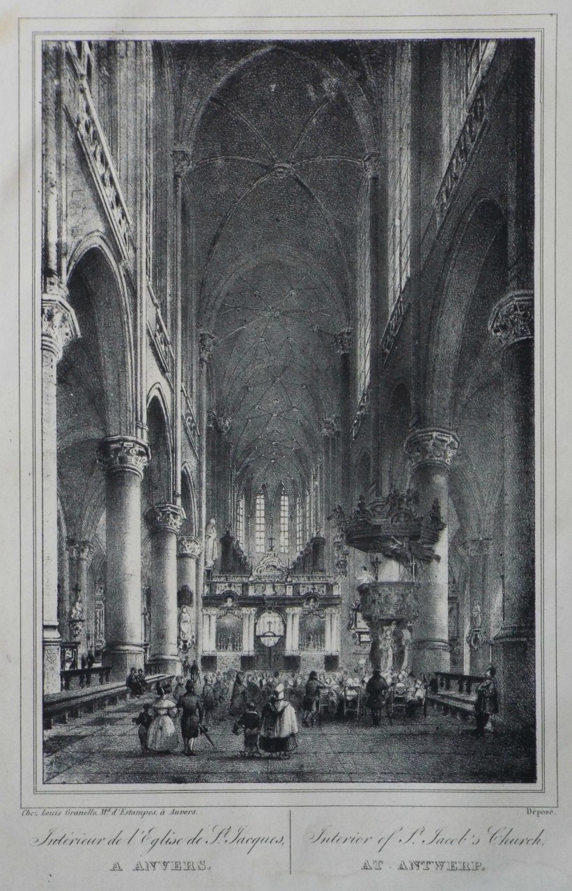 Lithograph - L'Interieure de l'Eglise de St. Jacques, a Anvers. Interior of St. Jacob's Church, at Antwerp.