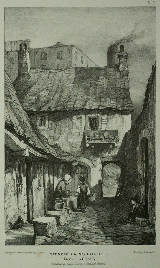 Lithograph - Spencer's Alms-Houses, Erected A.D. 1493 - Prout