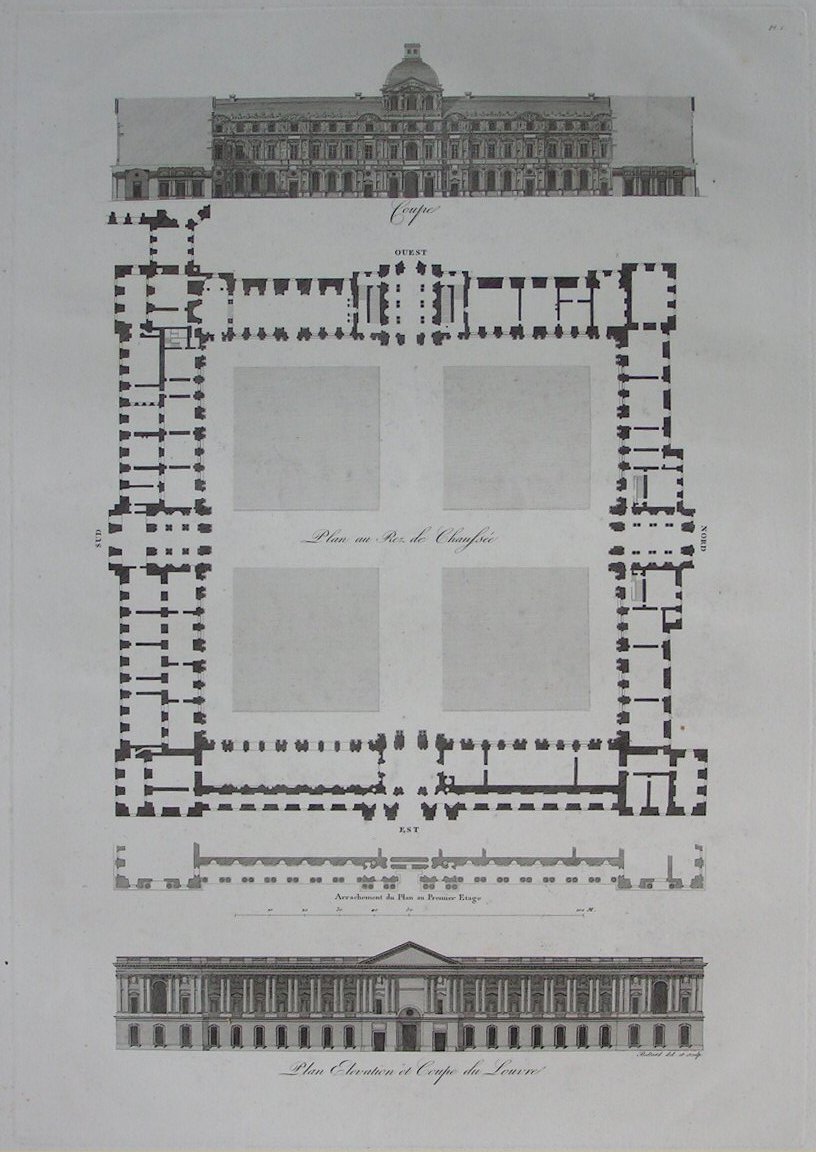 Print - Plan, Elevation et Coupe du Louvre - 