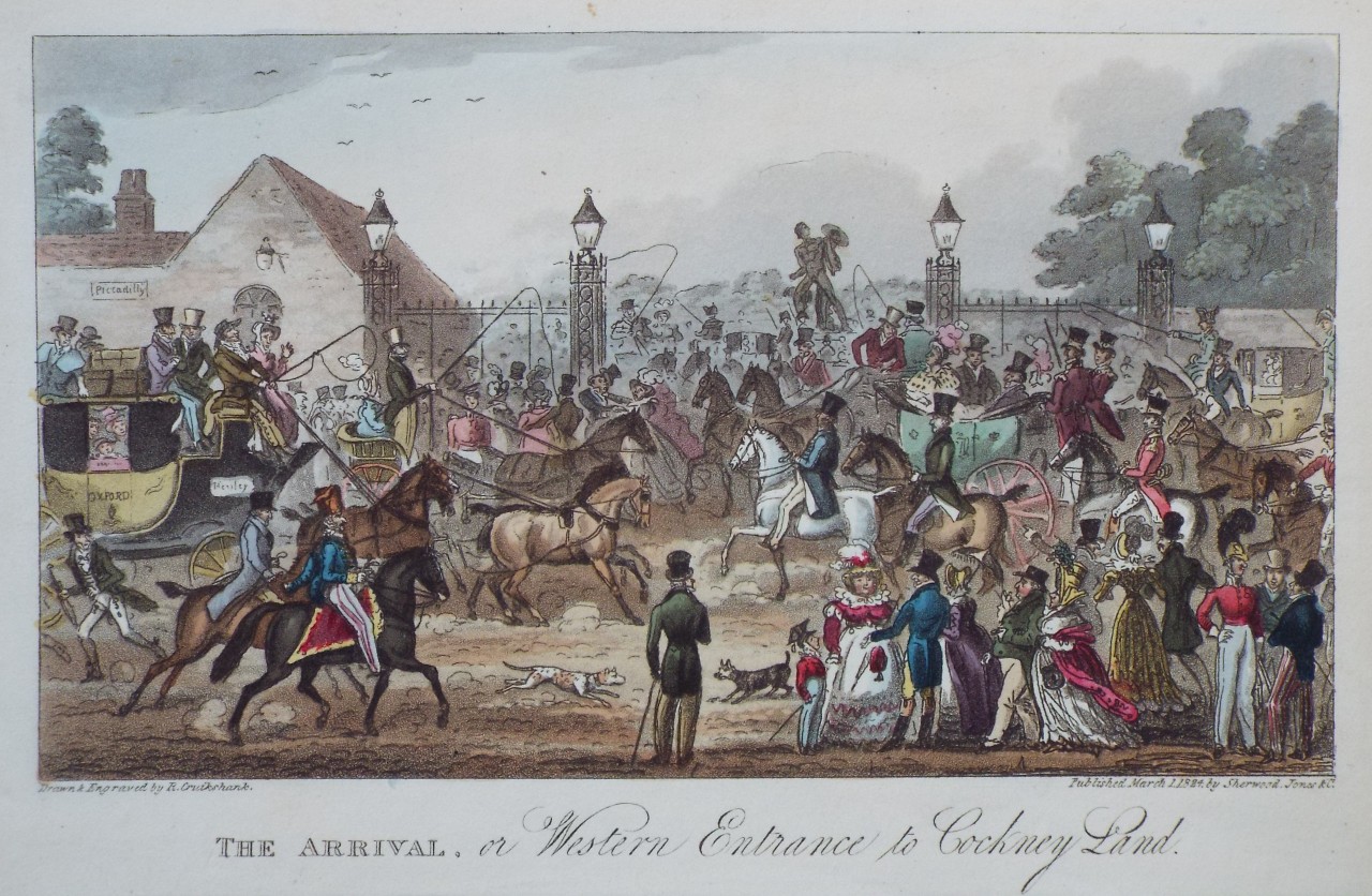 Aquatint - The Arrival, or Western entrance to Cockney Land. - Cruikshank