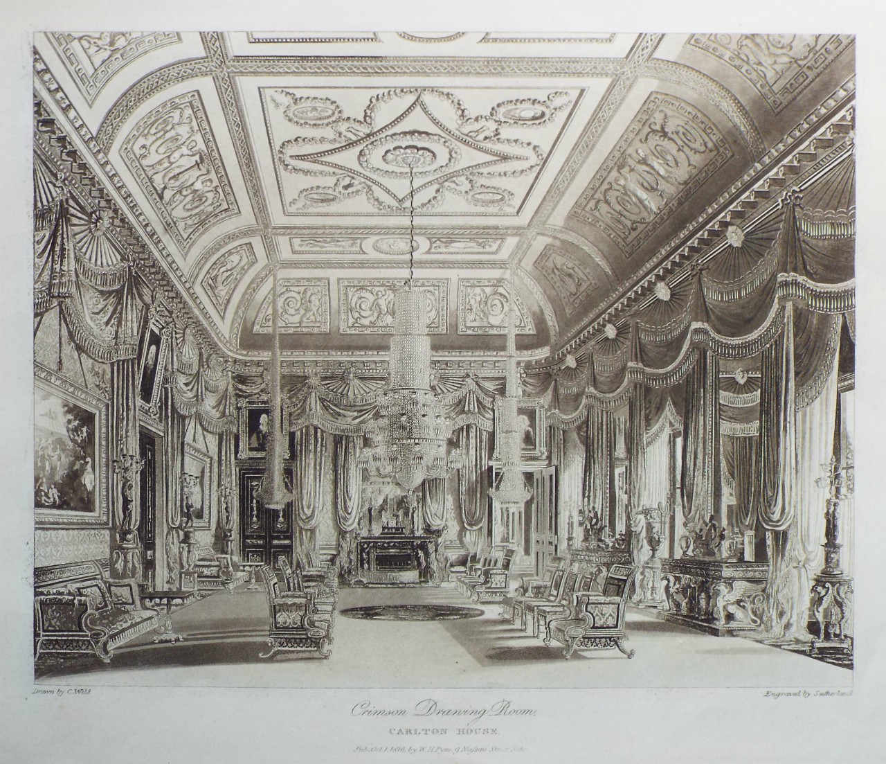 Aquatint - Crimson Drawing Room, Carlton House, - Sutherland