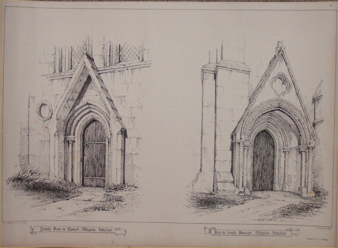 Lithograph - Priest's Door in Chancel, Uffington, Berkshire. Door in South Trancept, Uffington, Berkshire. - Newman