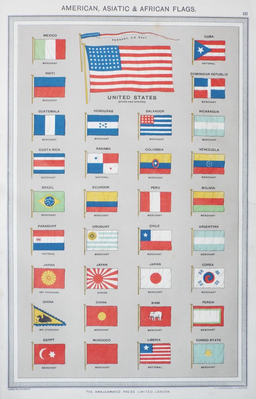 Chromo-lithograph - American, Asiatic & African Flags. - George