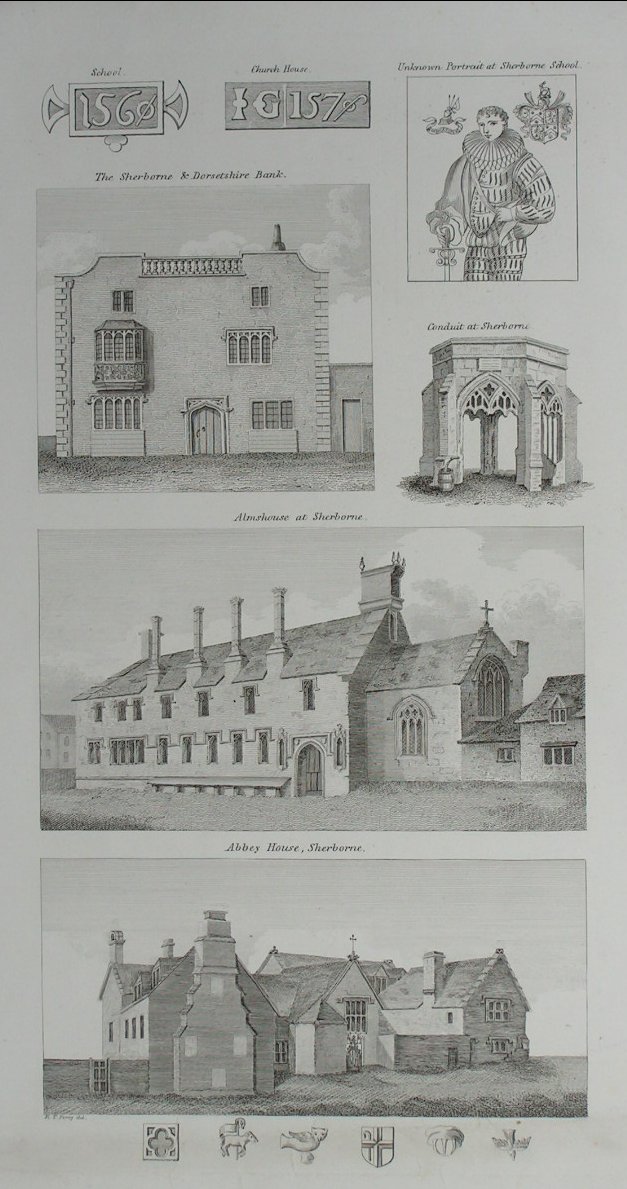 Print - Abbey House, Sherborne. Almshouse at Sherborne. Conduit at Sherborne. The Sherborne & Dorsetshire Bank etc etc