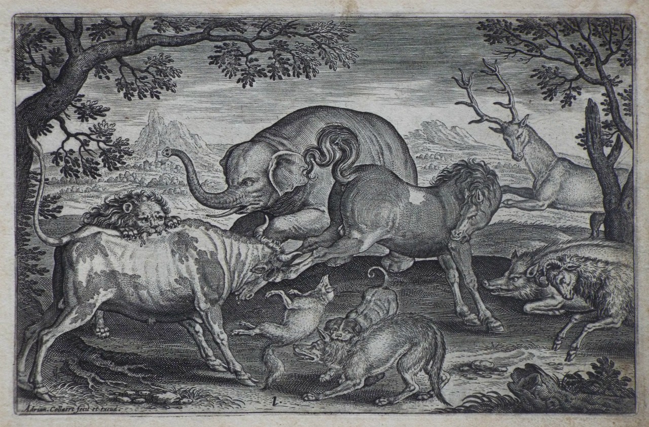 Print - Plate 1: Ten animals of various types attacking one another - Collaert