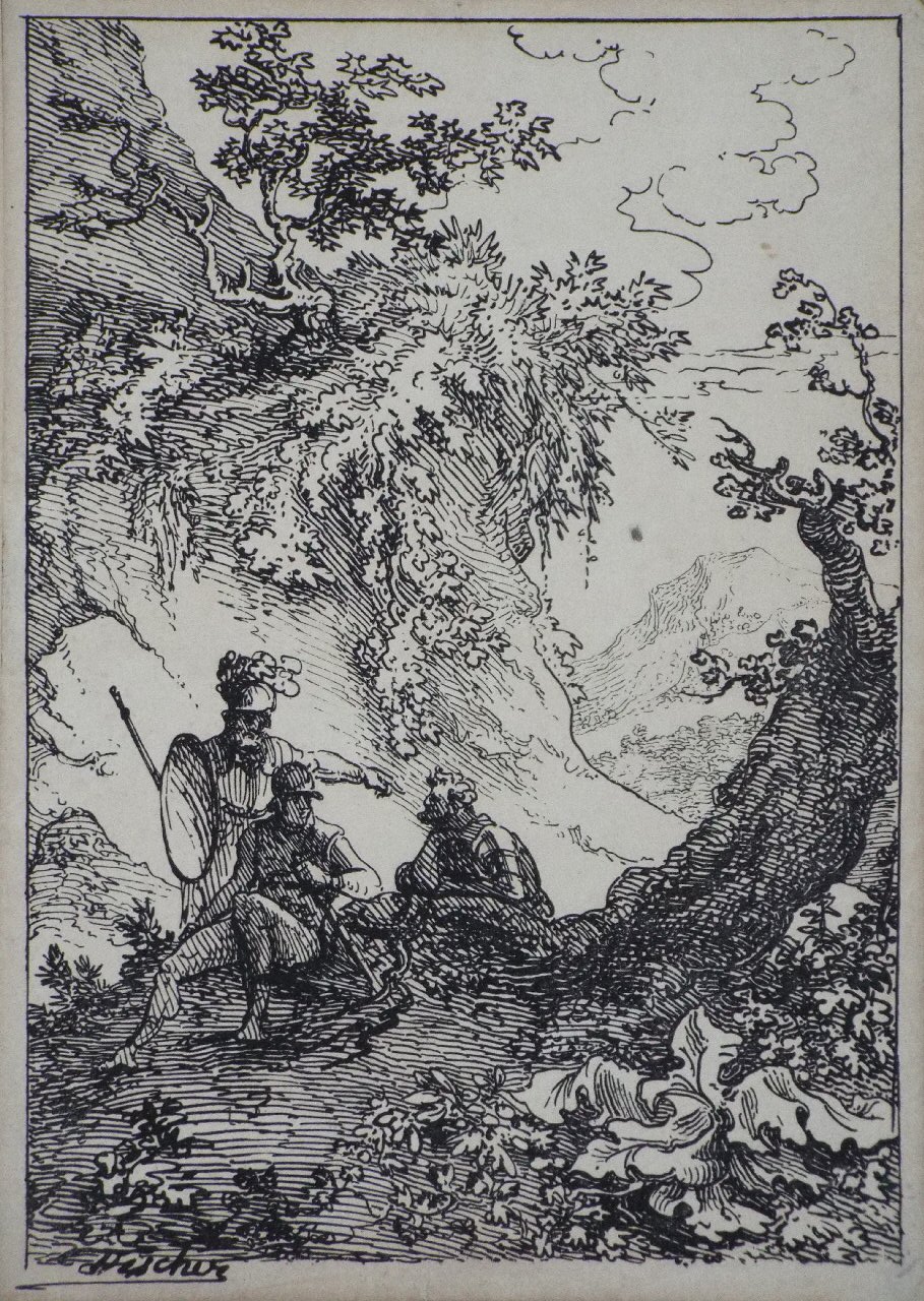 Lithograph - Landscape with three men in armour - Fischer