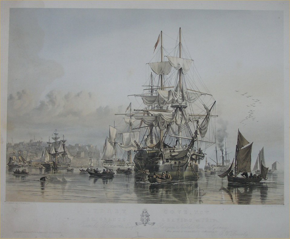 Lithograph - Sydney Cove, NSW. Emigrants Leaving the Ship. - Picken