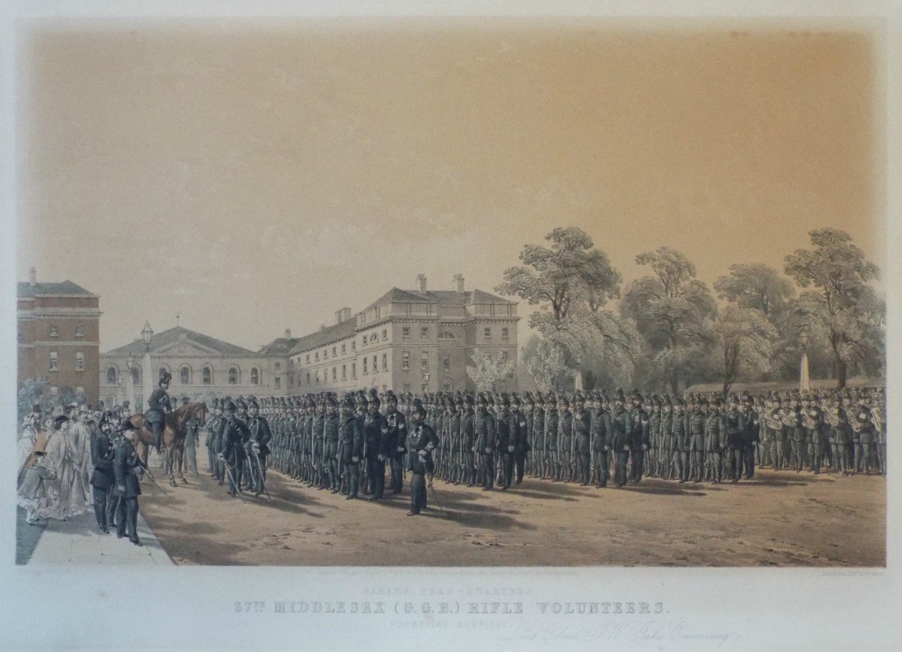 Lithograph - Parade, Head-Quarters. 37th Middlesex (G. G. B.) Rifle Volunteers. Foundling Hospital. Lieut Colonel J. W. Jeakes Commanding.