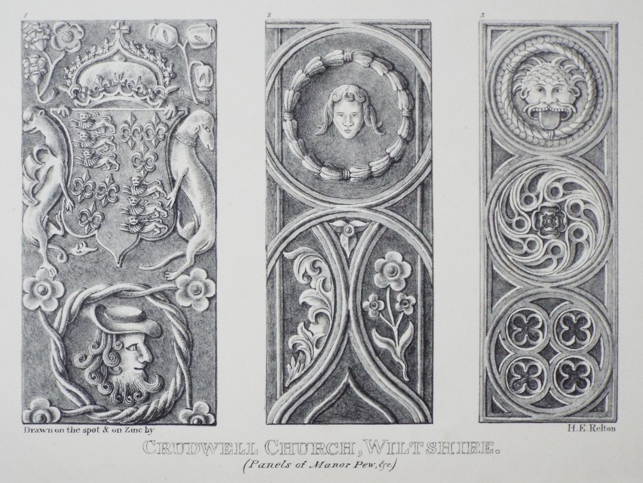 Zinc Lithograph - Crudwell Church, Wiltshire. (Panels of Manor Pew, &c.) - Relton