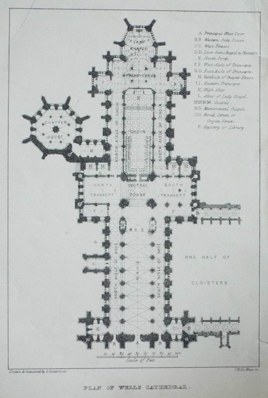 Antique Print Plan of Wells Cathedral.