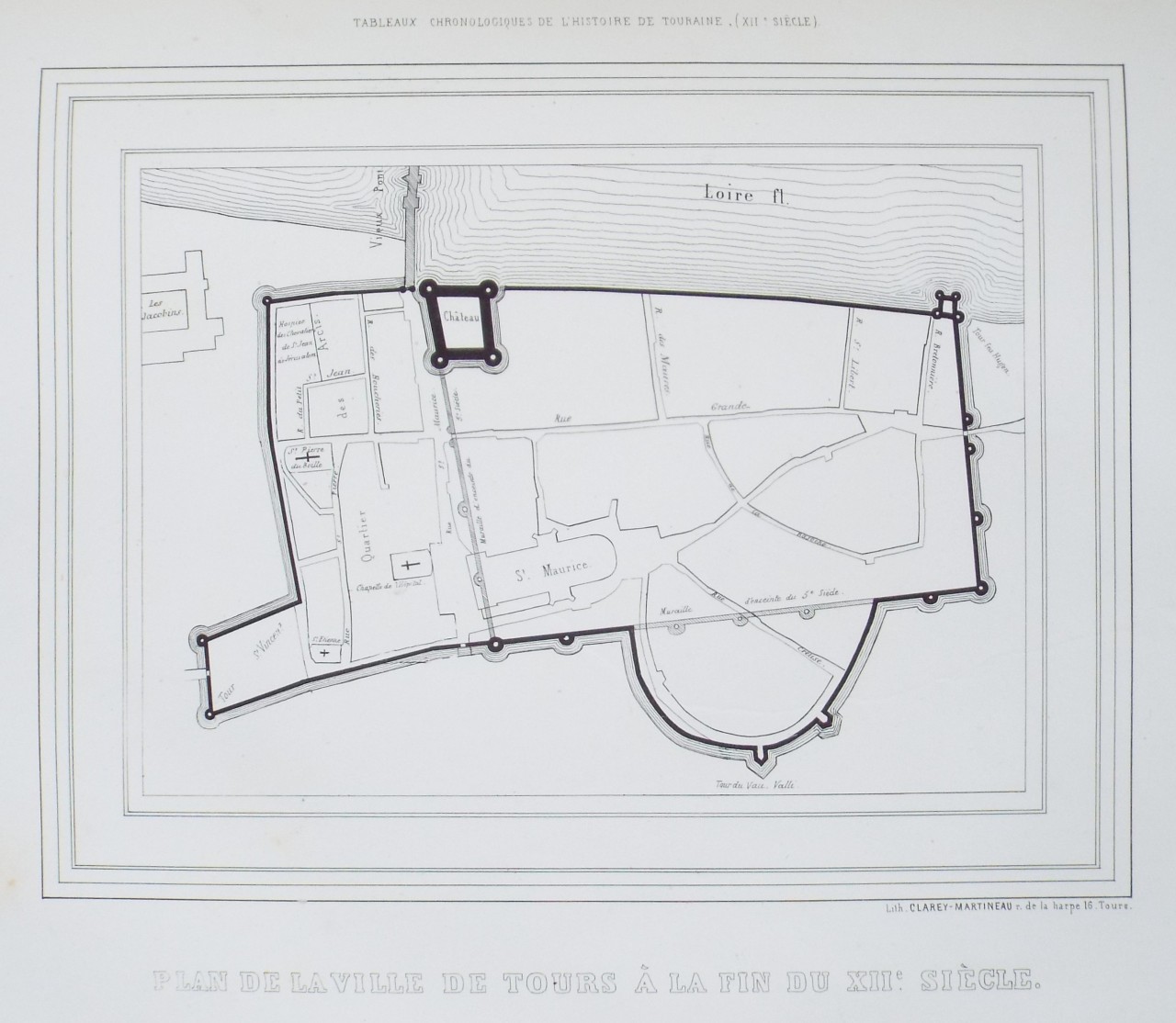 Lithograph - Plan de la Ville de Tours a la fine de XIIe Siecle.