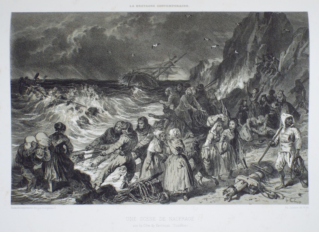 Lithograph - Une Scene de Naufrage sur la Cote de Kerlouan. (Finistere) - Lalaise