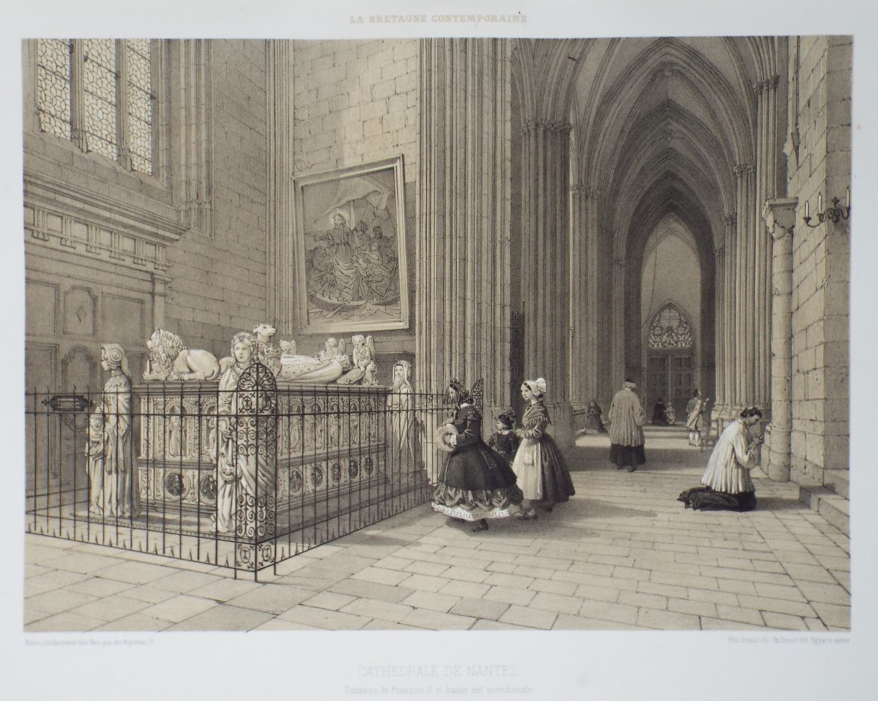 Lithograph - Cathedrale de Nantes. Tombeau de Francois II et bas nef meridionale. - Benoist