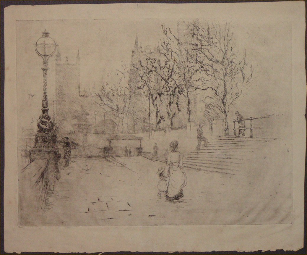 Etching - Untitled view on the Victoria Embankment with Houses of Parliament, London