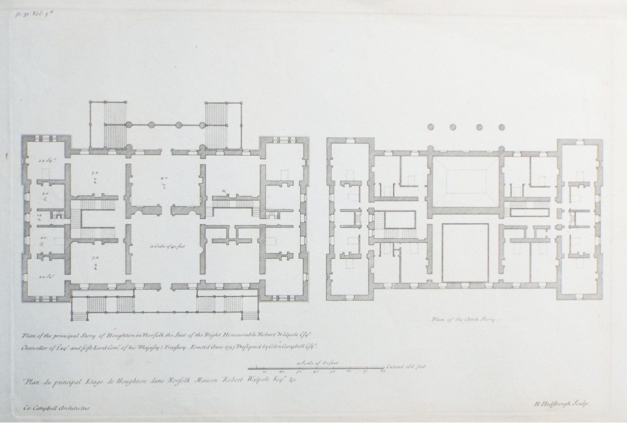 Print - Plan of the Principal Story of Houghton in Norfolk, the Seat of the Right Honorable Robert Walpole Esq. - Hulsbergh