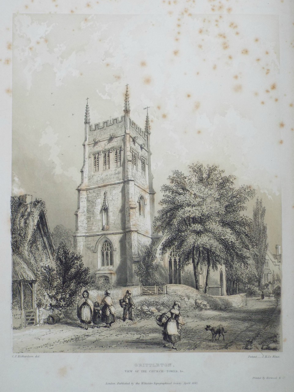 Lithograph - Grittleton,  View of the Church-Tower etc - Le