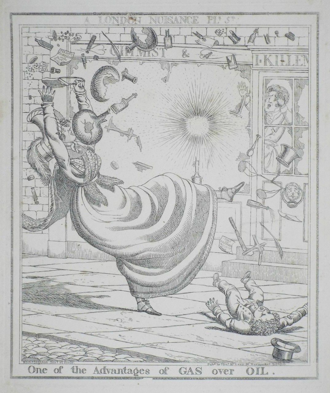 Etching - A London Nuisance. Ple. 5th. One of the Advantages of Gas over Oil. - Dighton