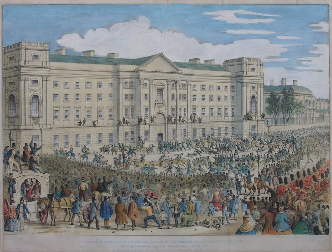 Lithograph - Charge on the Students of Trinity College Dublin by the Mounted and Foot Metropolitan Police under the command of Lieut. Col. Browne, on 12th March, 1858, at the public entry of the Earl of Eglinton and Wilson, into the city. - Forster