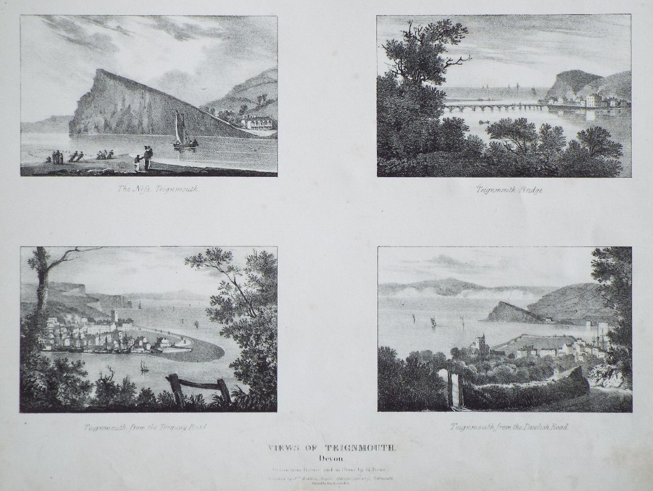 Lithograph - Views of Teignmouth, Devon. The Ness Teignmouth, Teignmouth Bridge, Teignmouth from the Torquay Road, Teignmouth from the Dawlish Road - Rowe