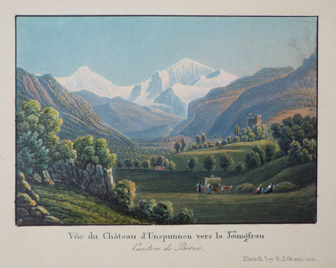 Aquatint - Vue du Chateau d'Unspunnen ver la Joungfrau Canton de Berne.