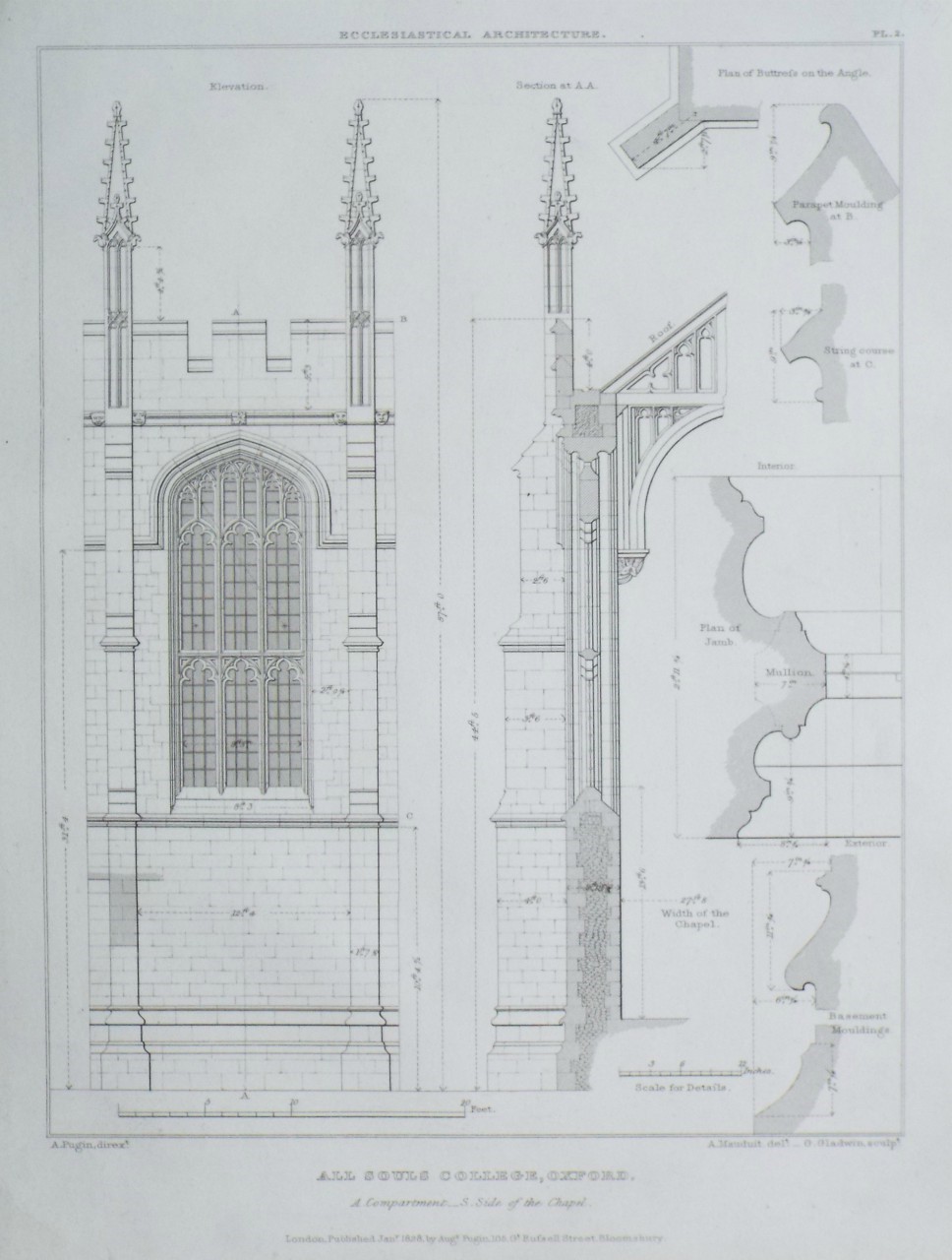 Print - All Souls College, Oxford. A Compartment - S. Side of the Chapel., Centre & adjoining Compartment of Cloisters. - Gladwin