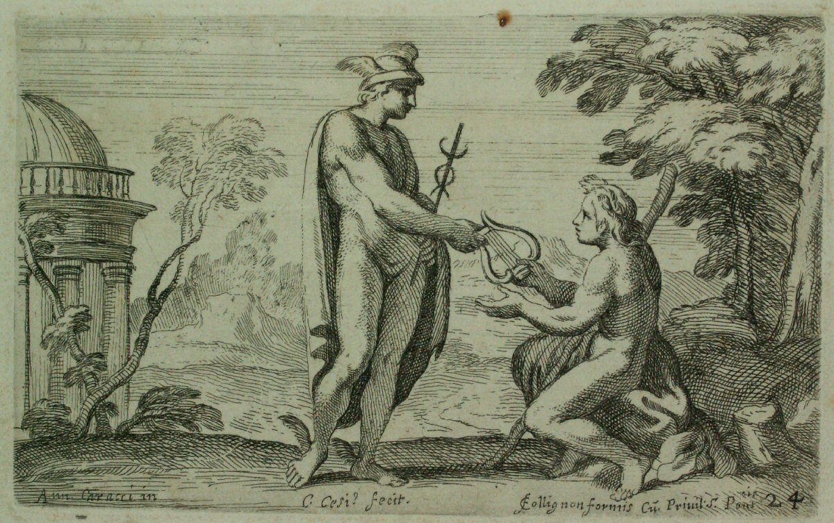Etching - Mercury giving a Lyre to Apollo - Cesio