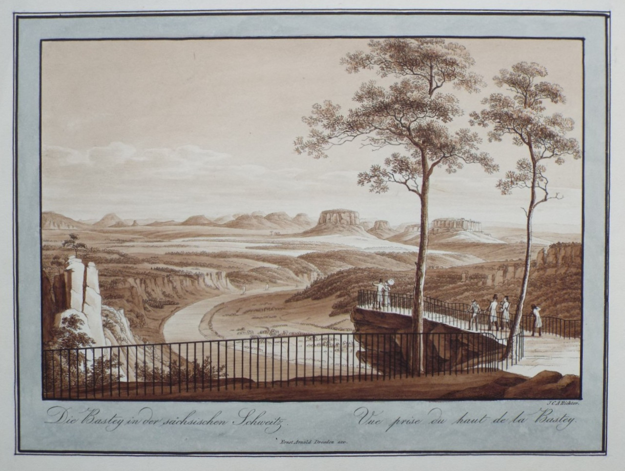 Aquatint - Die Bastey in der sachsischen Schweitz. Vue prise du haut de la Bastey. - Richter