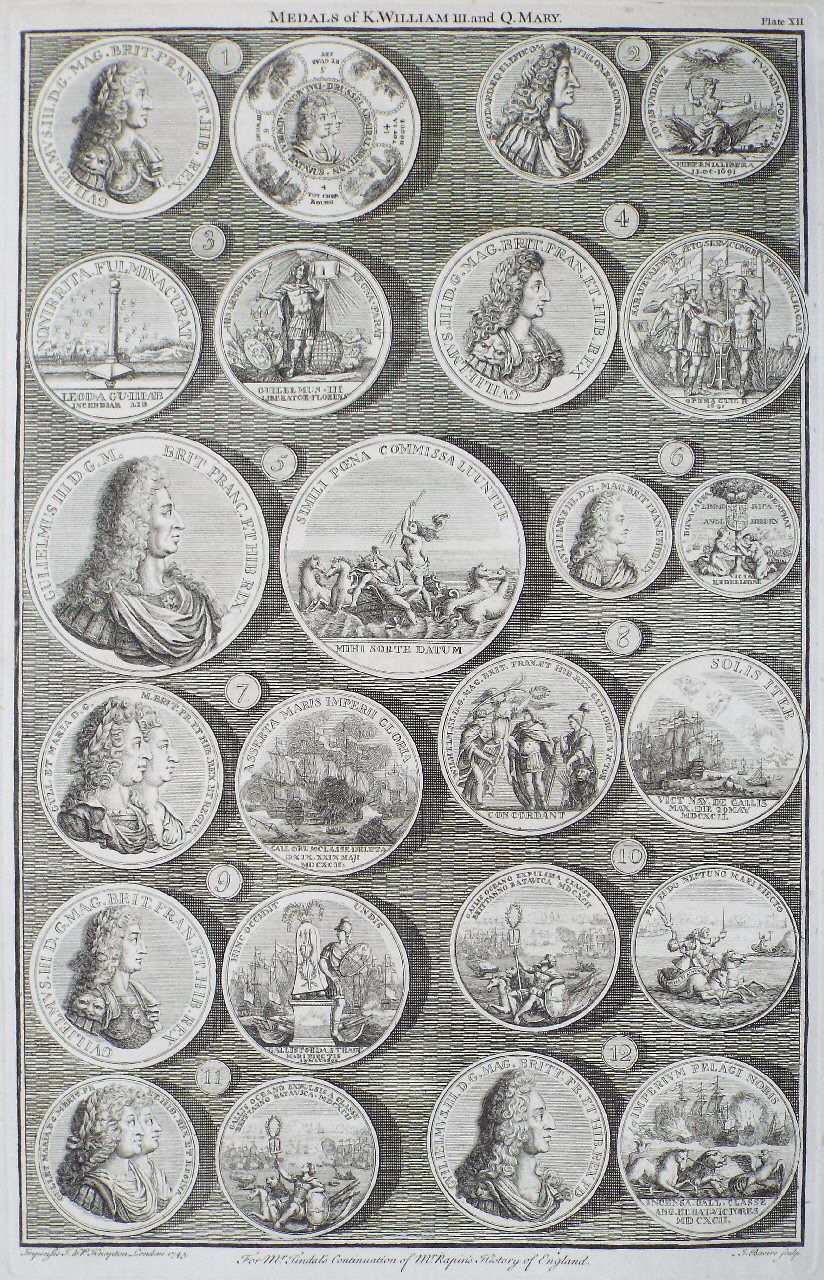 Print - Medals of K.William III. and Q.Mary. Plate XII - Basire