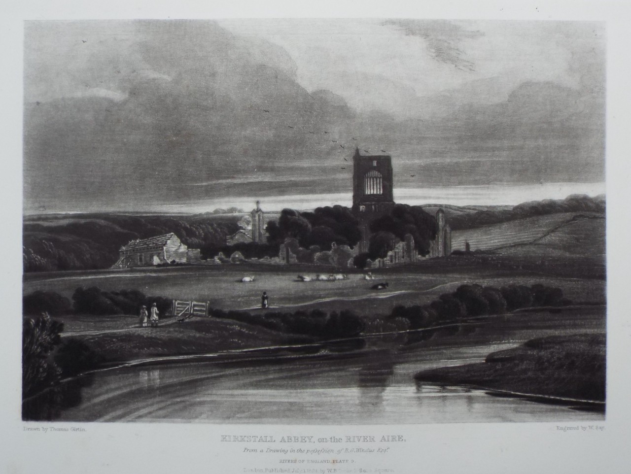 Mezzotint - Kirkstall Abbey, on the River Aire. - Say