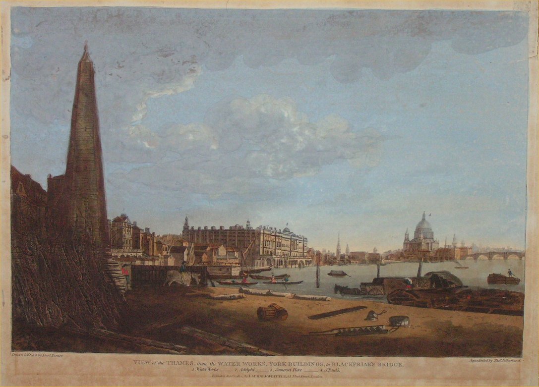 Aquatint - View of the thames from the waterworks to Blackfriars bridge. - Sutherland