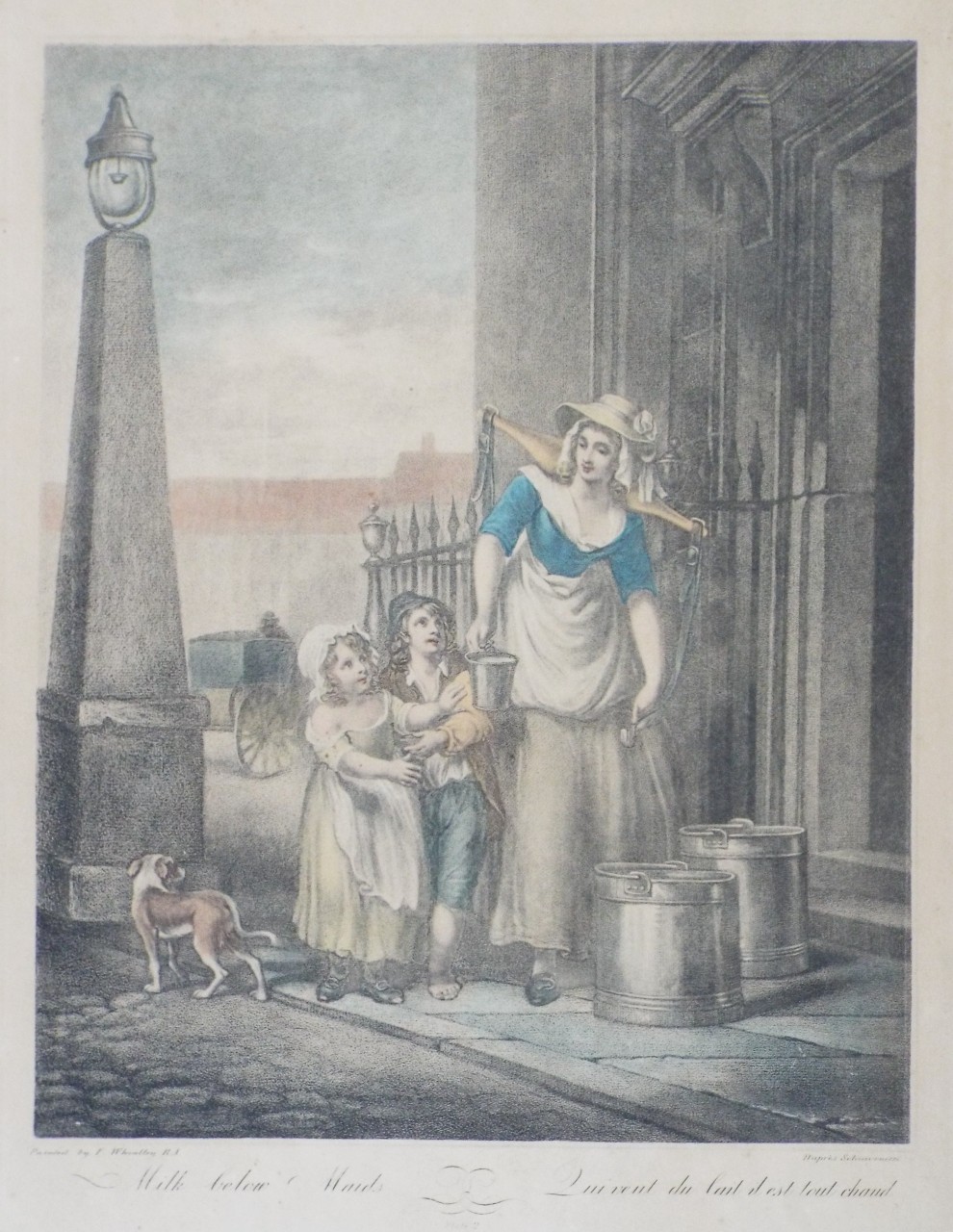 Lithograph - Cries of London Plate 2: Milk below Maids. 
Qui vent du lait il est tout chaud. - Schiavonetti