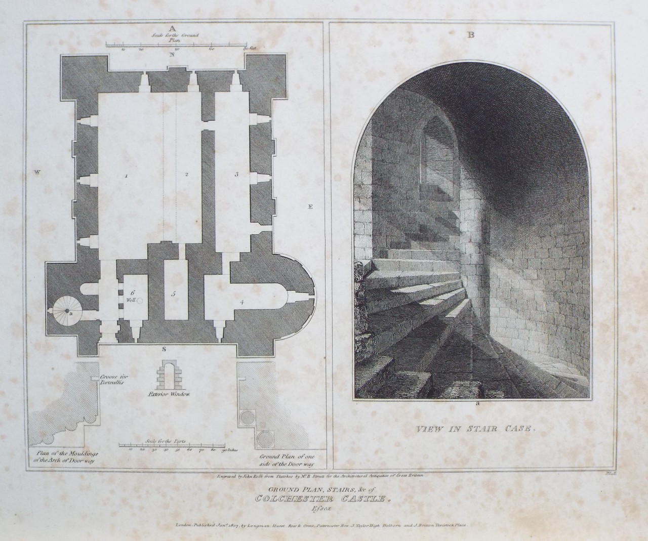 Print - Ground Plan, Stairs, &c of Colchester Castle, Essex. - Roffe