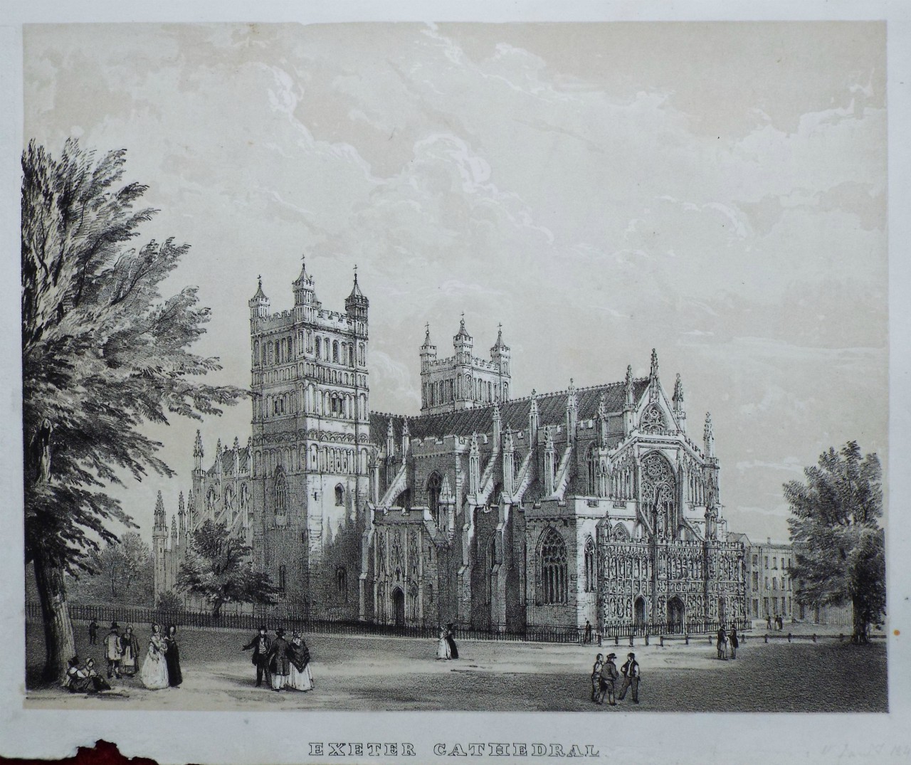 Lithograph - Exeter Cathedral.