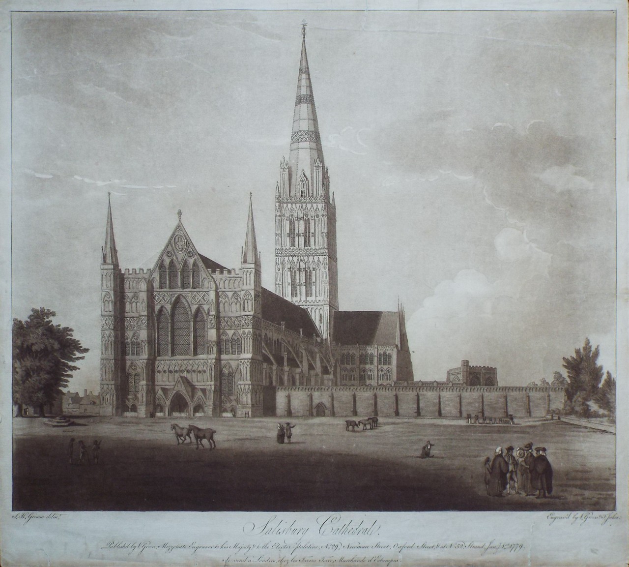 Aquatint - Salisbury Cathedral. - Green