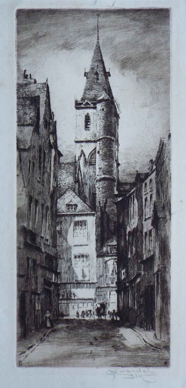 Etching - (Old French? city street with church tower)