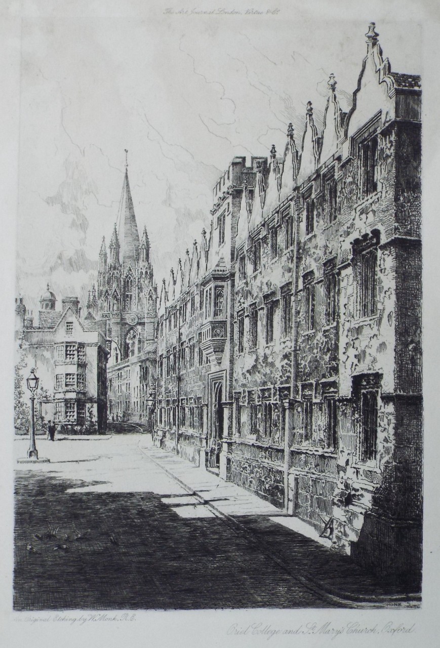 Etching - Oriel College and St. Mary's Church, Oxford. - Monk