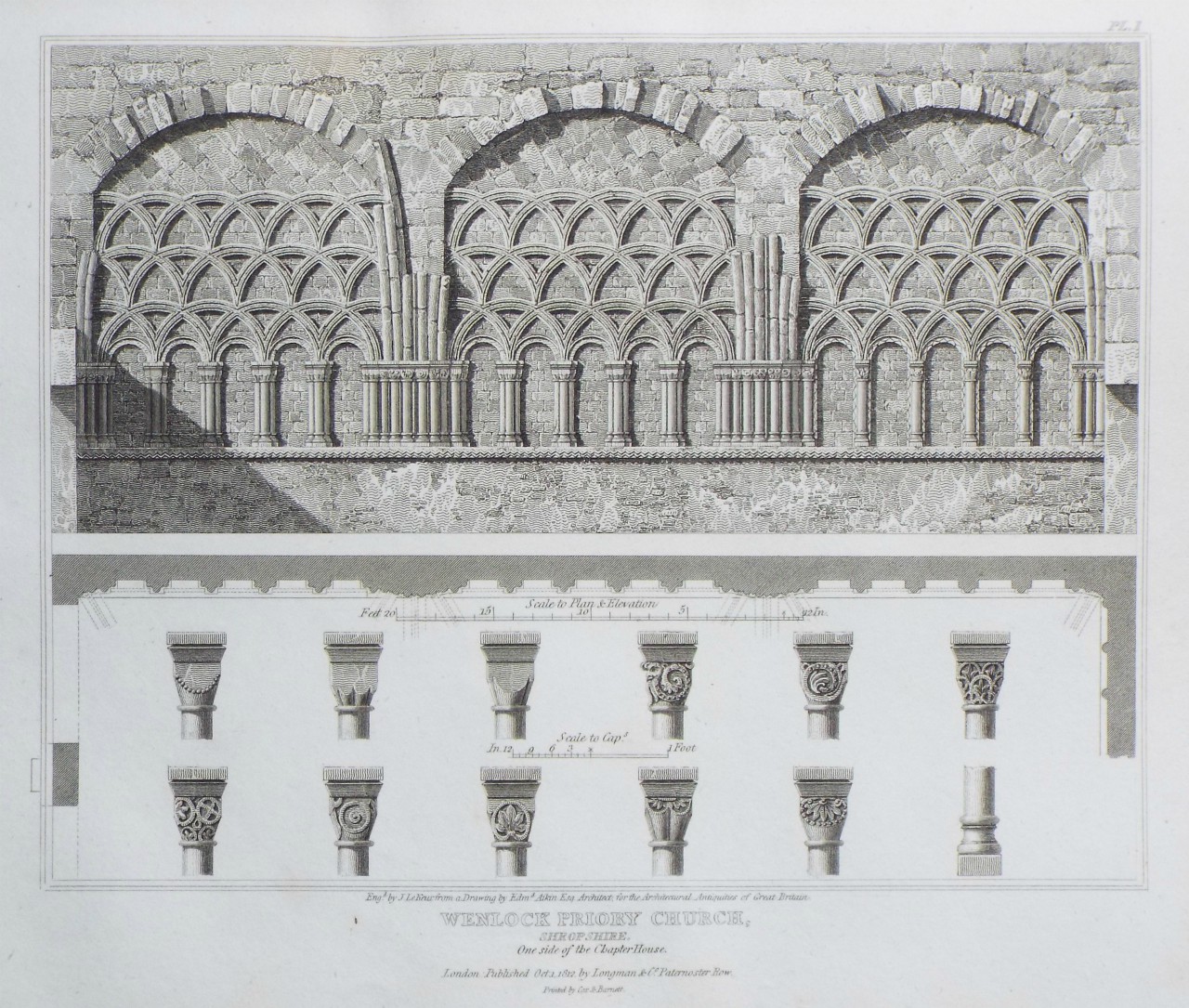 Print - Wenlock Priory Church, Shropshire. One side of the Chapter House. - Le