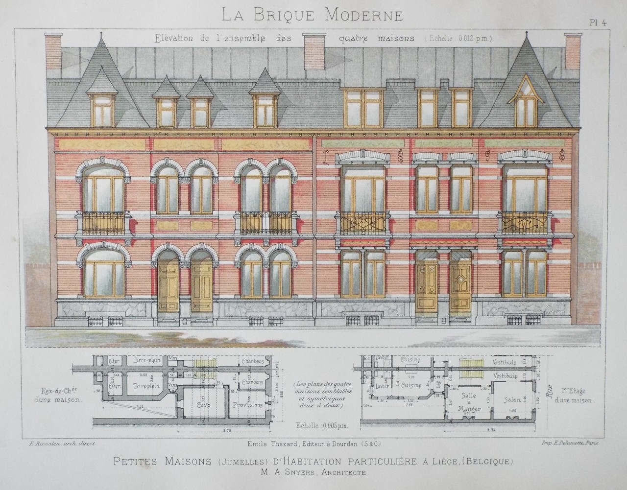 Chromo-lithograph - Petite Maisons (Jumelles) d'Habitation Particulaire a Liege (Belgique). M. A. Snyers, Architecte.
