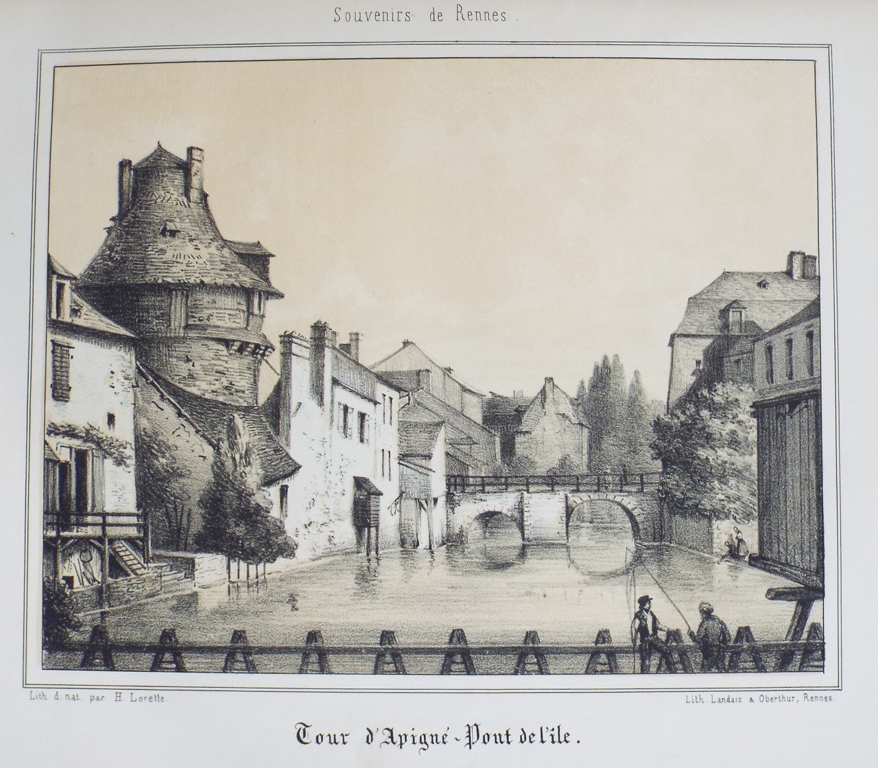 Lithograph - Tour d'Apigne - Pont de l'Ile. - Lorette