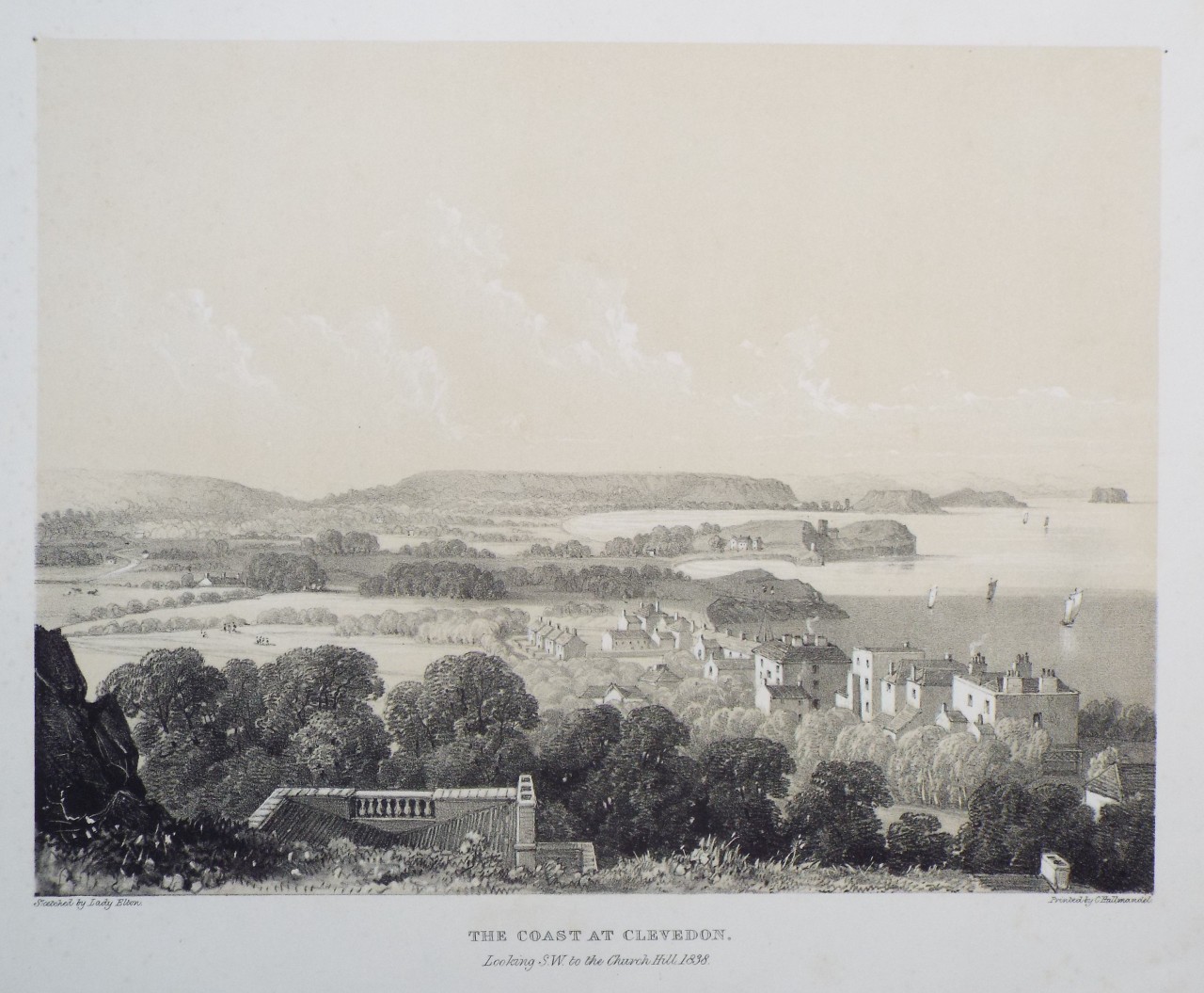 Lithograph - The Coast at Clevedon. Looking S W to the Church Hill 1838.