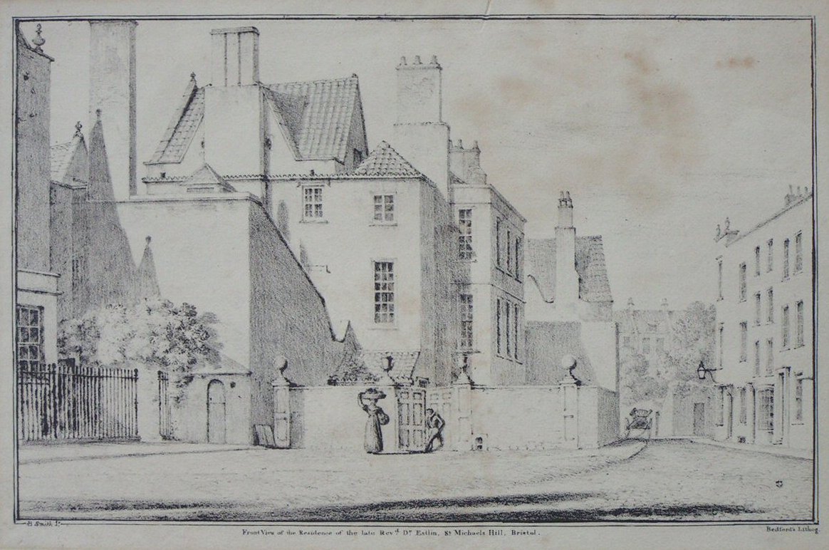 Lithograph - Front View of the Residence of the late Revd. Dr. Estlin, St. Michael's Hill, Bristol - 