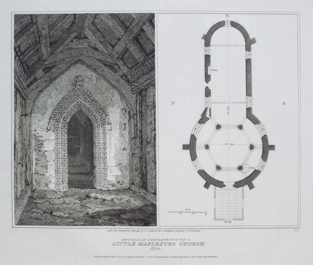 Print - Ground-plan & Entrance Door-way to Little Maplested Church, Essex. - Roffe